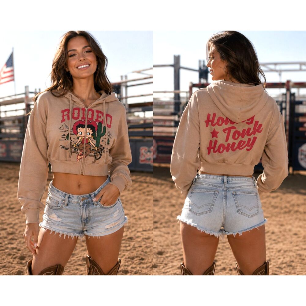 Betty Boop Rodeo Honky Tonk Honey Cropped Zip Hoodie Tan Size Small Western #12